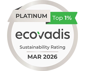 Das Siegel „EcoVadis Platinum Sustainability Rating“ (Nachhaltigkeitsbewertung in Platin), Top 1 %, März 2026.