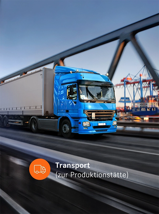 Ein blauer Lkw fährt über eine Brücke, im Hintergrund stehen Hafenkräne, dazu der Schriftzug „Transport (zur Produktionsstätte)“.