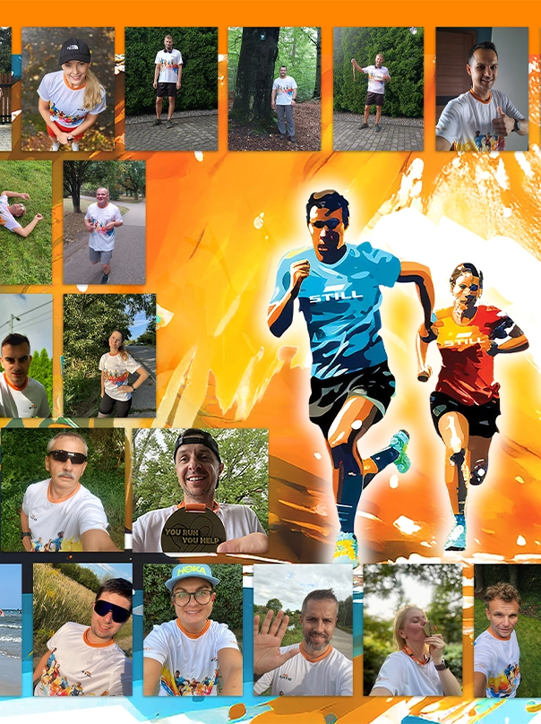 Collage aus Fotos von Teilnehmenden in einheitlichen Laufshirts bei einem Benefizlauf, rund um eine Illustration von zwei Läufern in STILL-Shirts. Ein Teilnehmer hält eine Medaille mit der Aufschrift „You run, you help“ hoch.