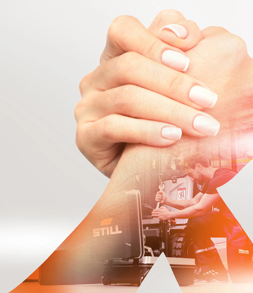 Two clasped hands, as in arm wrestling. A STILL service technician working on an industrial truck with a STILL tool case is blended into the arms.