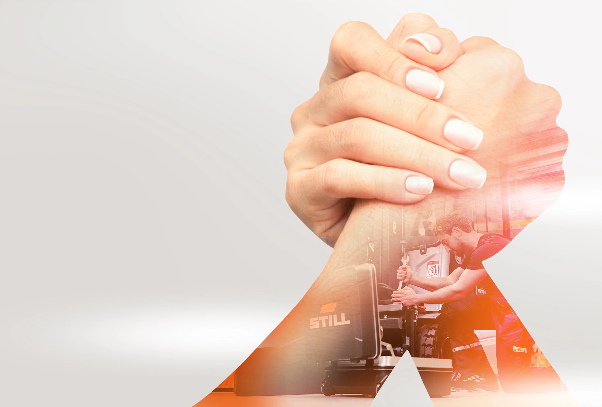 Two clasped hands, as in arm wrestling. A STILL service technician working on an industrial truck with a STILL tool case is blended into the arms.