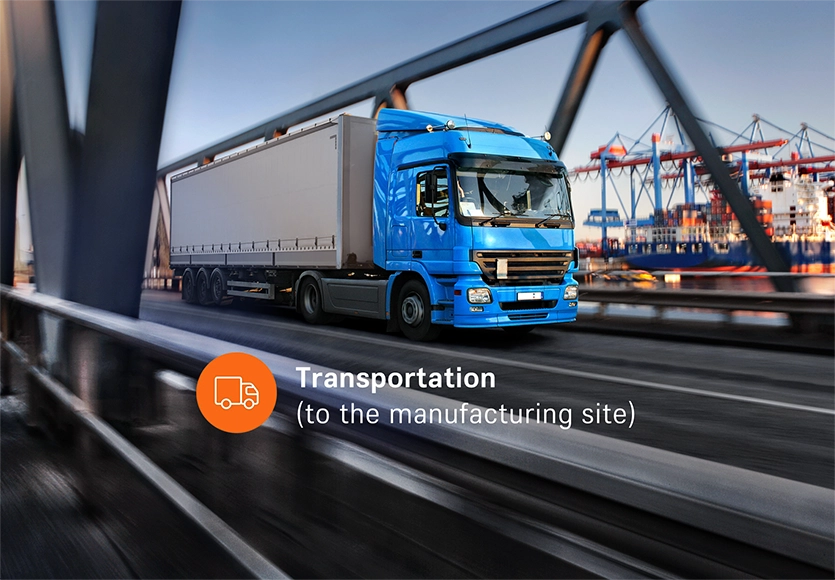 A blue truck drives across a bridge with harbour cranes in the background, labelled “Transport (to the manufacturing site)".