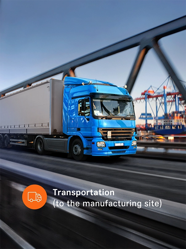 A blue truck drives across a bridge with harbour cranes in the background, labelled “Transport (to the manufacturing site)".